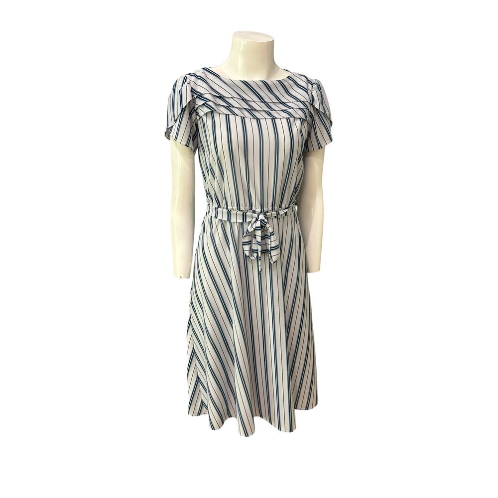 Coquette Striped Dress Tulip Sleeve Ruffle Belted Romantic Cottagecore S -